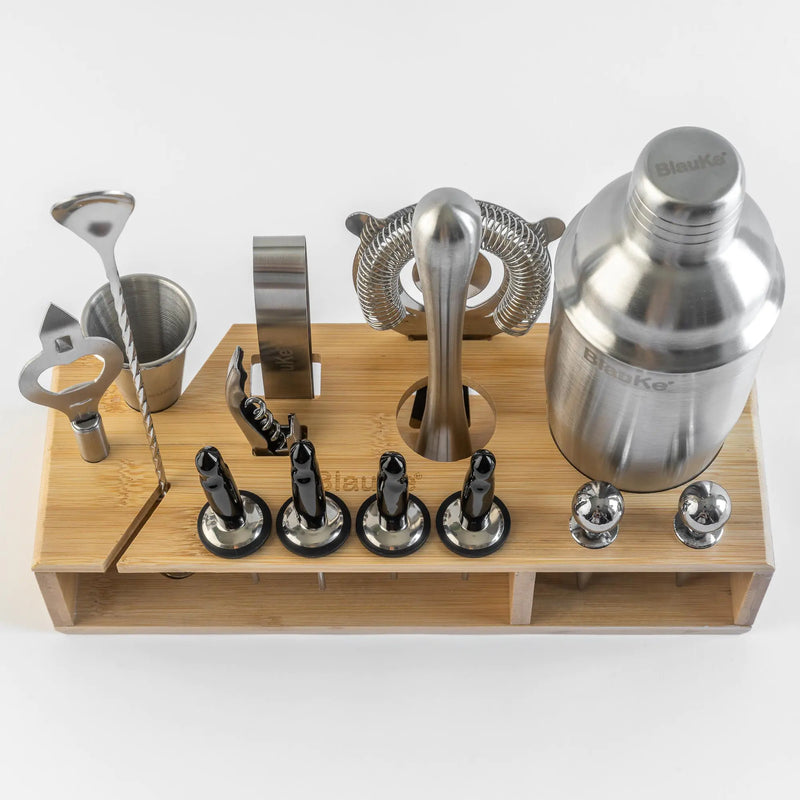 Stainless Steel 17-Piece Cocktail Shaker Set with Stand - Includes 25oz Shaker, Jigger, Strainer, Muddler, and Mixing Spoon.