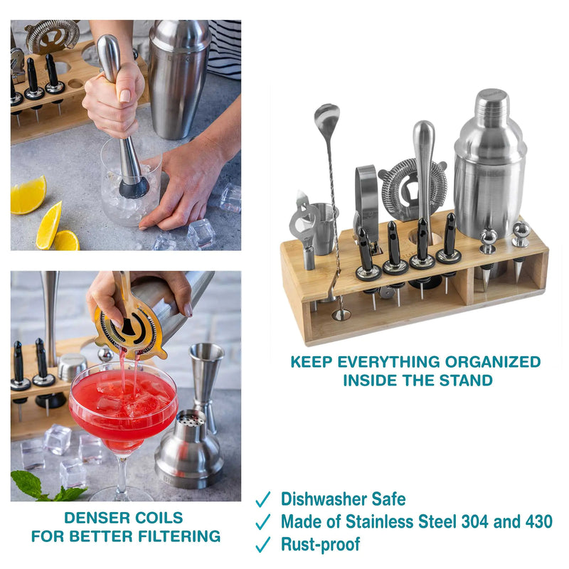 Stainless Steel 17-Piece Cocktail Shaker Set with Stand - Includes 25oz Shaker, Jigger, Strainer, Muddler, and Mixing Spoon.