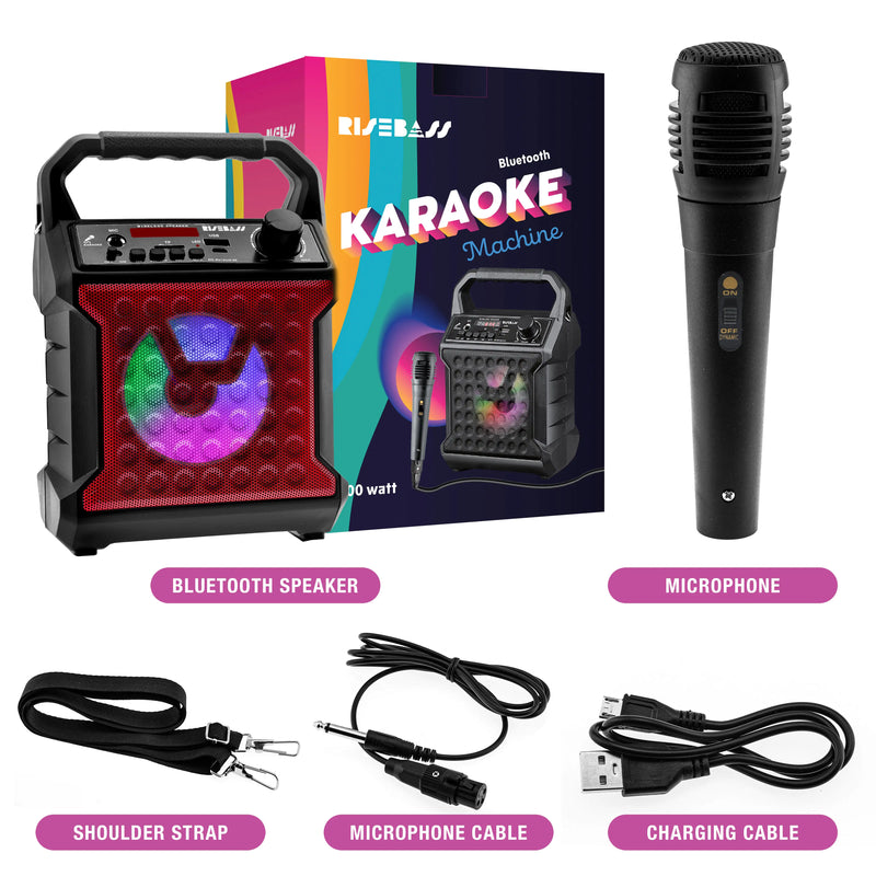 Risebass Karaoke Machine: Portable, Rechargeable with Lights, FM Radio, and SD/TF Card Support.