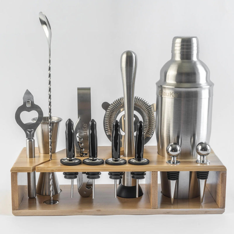 Stainless Steel 17-Piece Cocktail Shaker Set with Stand - Includes 25oz Shaker, Jigger, Strainer, Muddler, and Mixing Spoon.