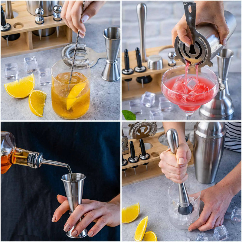 Stainless Steel 17-Piece Cocktail Shaker Set with Stand - Includes 25oz Shaker, Jigger, Strainer, Muddler, and Mixing Spoon.