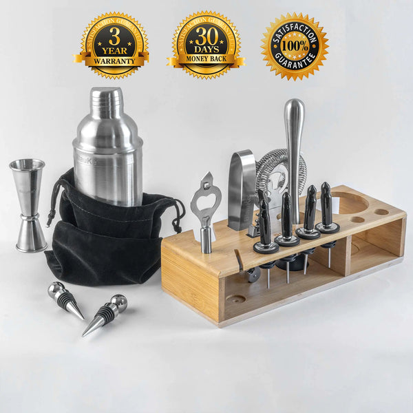 Stainless Steel 17-Piece Cocktail Shaker Set with Stand - Includes 25oz Shaker, Jigger, Strainer, Muddler, and Mixing Spoon.