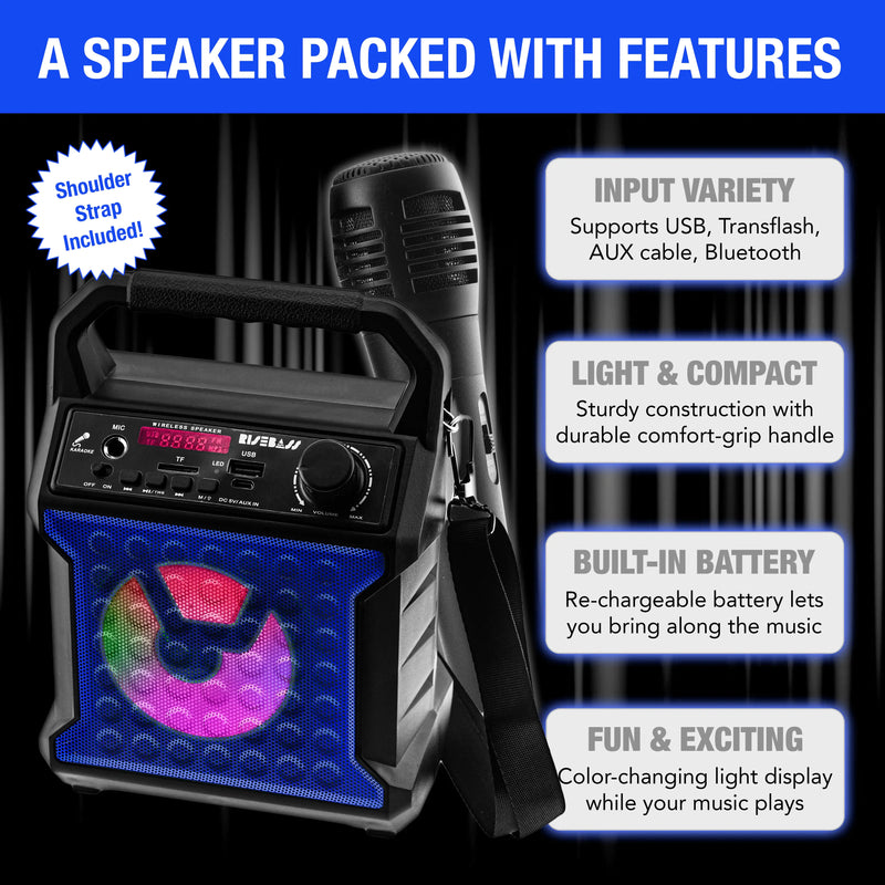 Risebass Karaoke Machine: Portable, Rechargeable with Lights, FM Radio, and SD/TF Card Support.