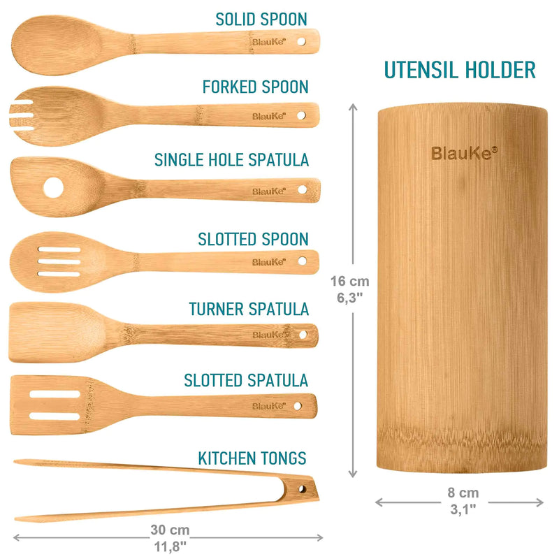 Bamboo Kitchen Utensils Set 8-Pack - Wooden Cooking Utensils for Nonstick Cookware - Wooden Cooking Spoons, Spatulas, Turner, Tongs, Utensil Holder