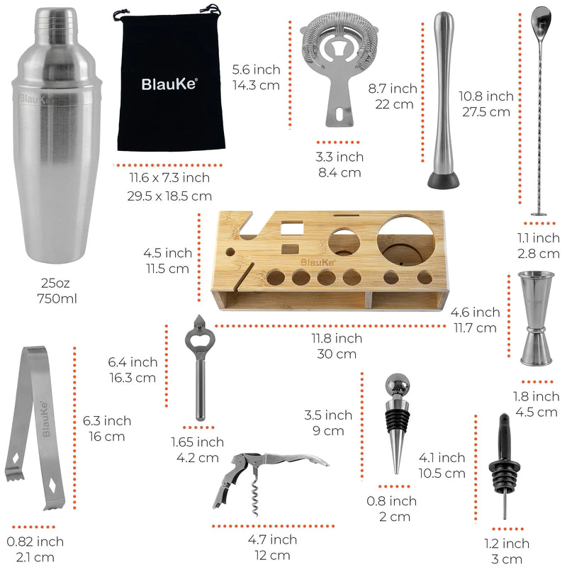 Stainless Steel 17-Piece Cocktail Shaker Set with Stand - Includes 25oz Shaker, Jigger, Strainer, Muddler, and Mixing Spoon.