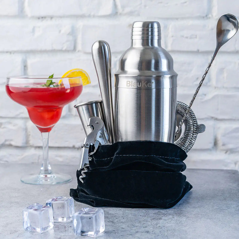 Stainless Steel 17-Piece Cocktail Shaker Set with Stand - Includes 25oz Shaker, Jigger, Strainer, Muddler, and Mixing Spoon.