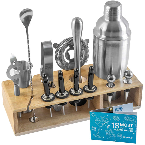 Stainless Steel 17-Piece Cocktail Shaker Set with Stand - Includes 25oz Shaker, Jigger, Strainer, Muddler, and Mixing Spoon.