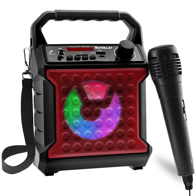 Risebass Karaoke Machine: Portable, Rechargeable with Lights, FM Radio, and SD/TF Card Support.