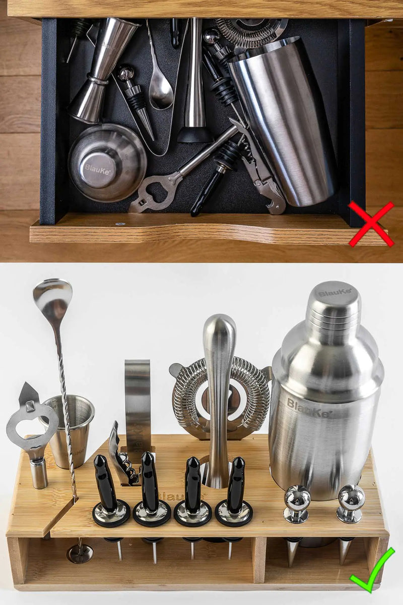 Stainless Steel 17-Piece Cocktail Shaker Set with Stand - Includes 25oz Shaker, Jigger, Strainer, Muddler, and Mixing Spoon.