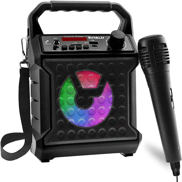 Risebass Karaoke Machine: Portable, Rechargeable with Lights, FM Radio, and SD/TF Card Support.