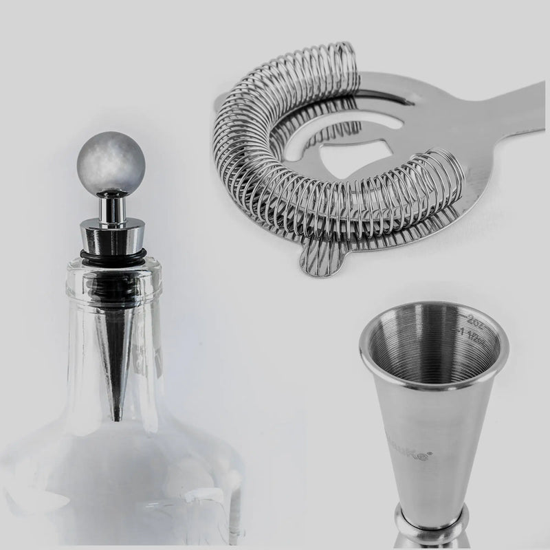 Stainless Steel 17-Piece Cocktail Shaker Set with Stand - Includes 25oz Shaker, Jigger, Strainer, Muddler, and Mixing Spoon.