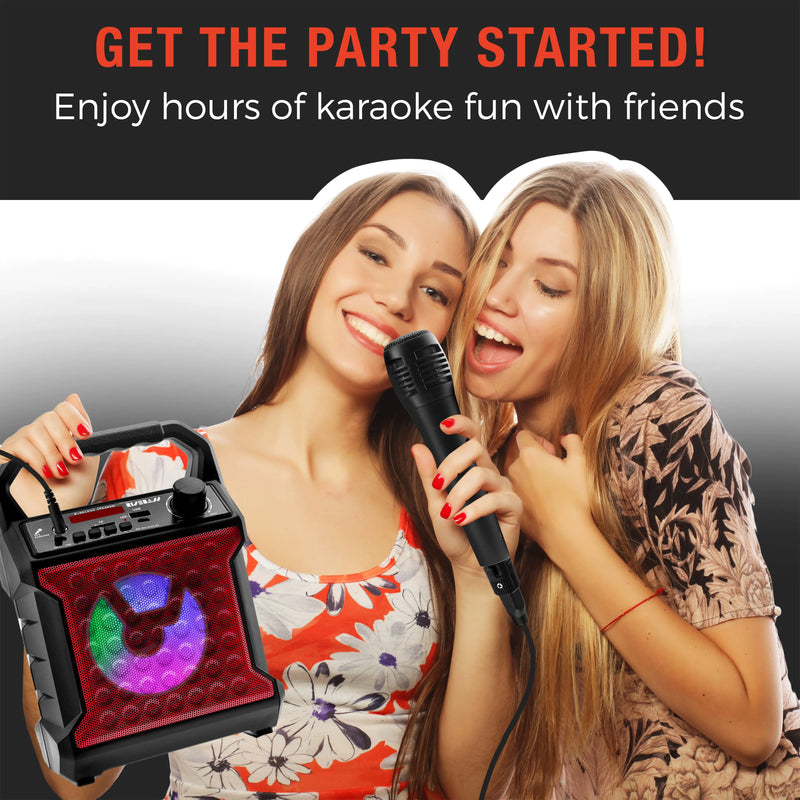 Risebass Karaoke Machine: Portable, Rechargeable with Lights, FM Radio, and SD/TF Card Support.