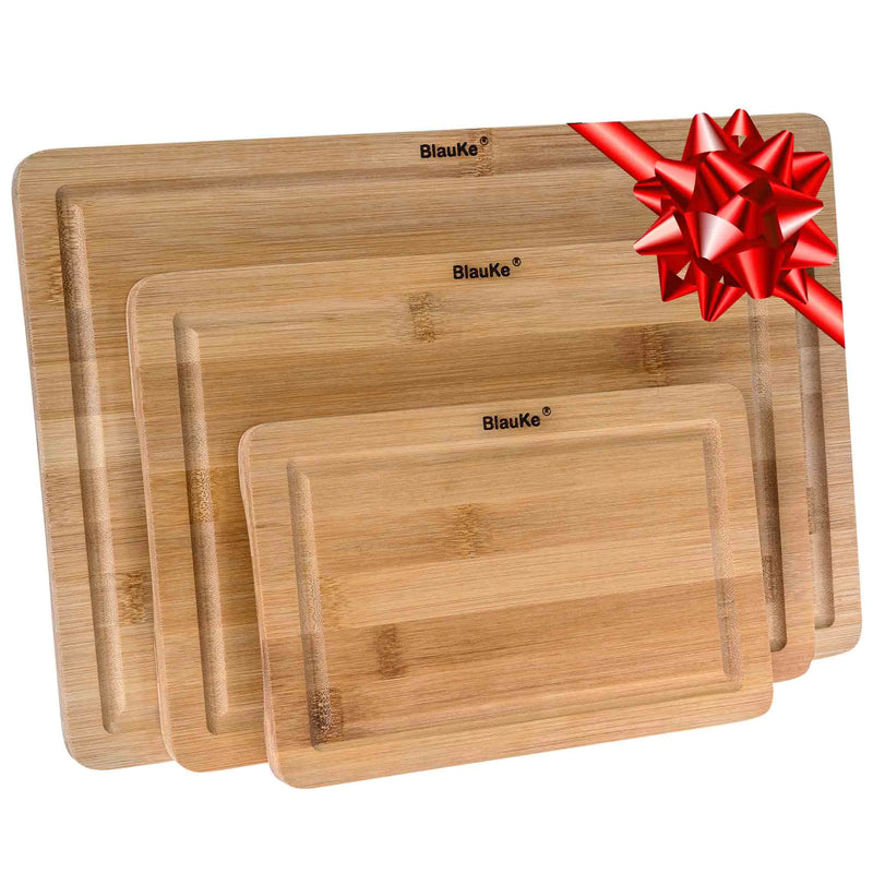 Wooden Cutting Boards for Kitchen with Juice Groove and Handles - Bamboo Chopping Boards Set of 3 - Wood Serving Trays